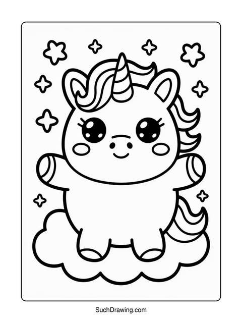 Black and white coloring page of a cute unicorn on a cloud