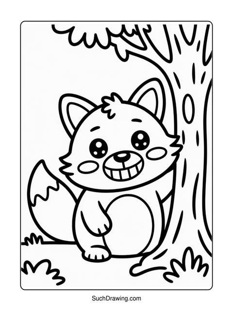 A cute cartoon fox smiles next to a tree, ready to be colored