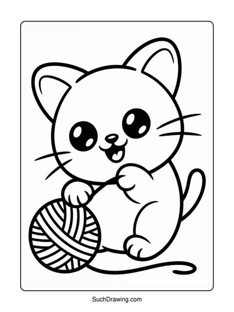 A cute cartoon cat playing with a ball of yarn, black and white