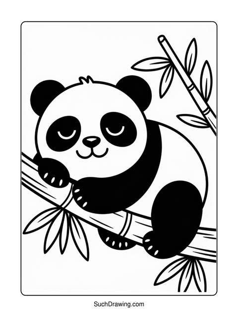 Black and white coloring page of a panda bear on bamboo branches