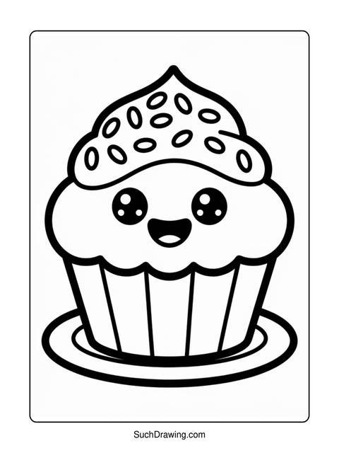 Black and white drawing of a cupcake with a smiling face and sprinkles