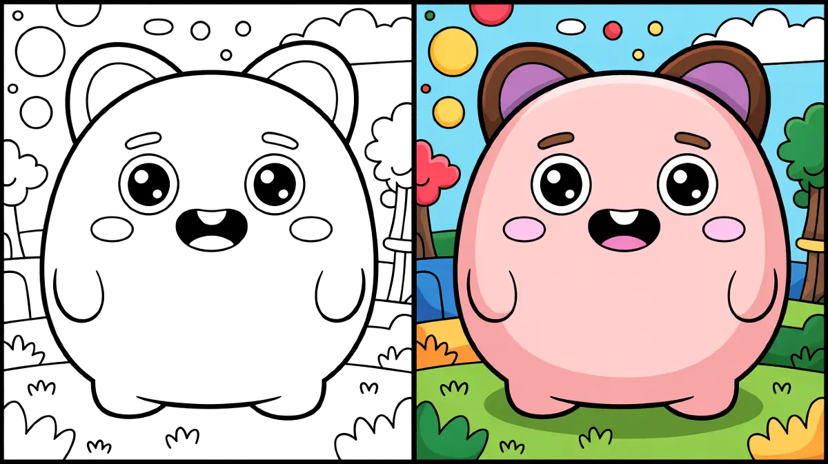 Squishmallow coloring page: a cute, round character with large eyes and a happy expression