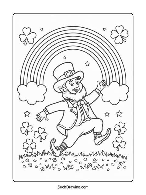 A leprechaun jumping under a rainbow with clovers and stars around