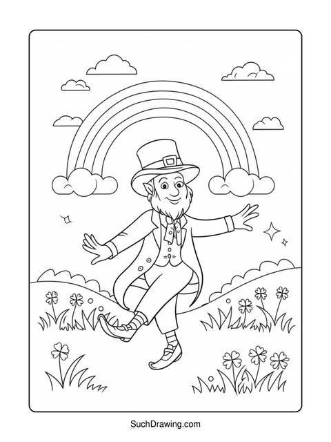 A leprechaun dancing in front of a rainbow and clouds, coloring page
