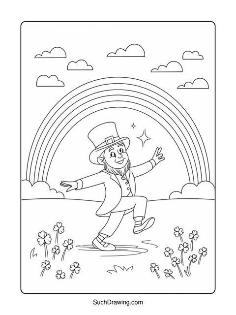 Line drawing of a leprechaun dancing under a rainbow with clovers