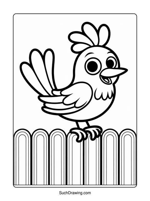 Black and white coloring page of a cheerful bird perched on a fence
