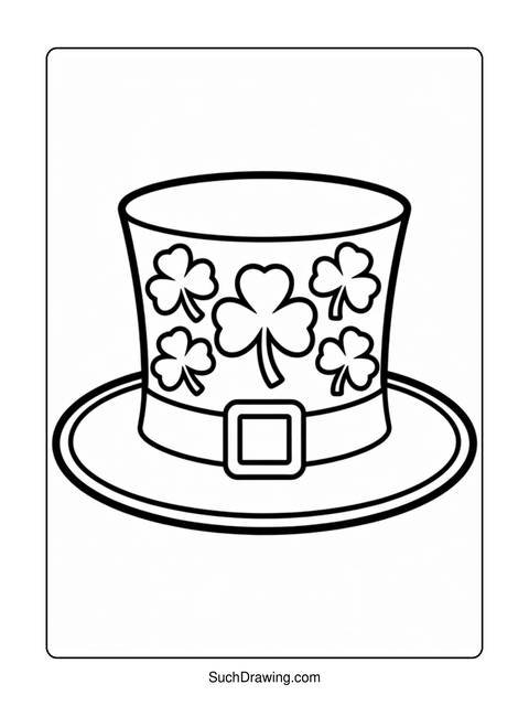 Black and white drawing of a leprechaun hat with shamrocks