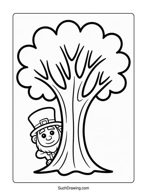 Leprechaun peeking from behind a tree, line art coloring page