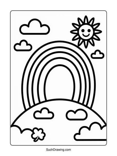 Black and white coloring page with a rainbow, sun, clouds, and a clover