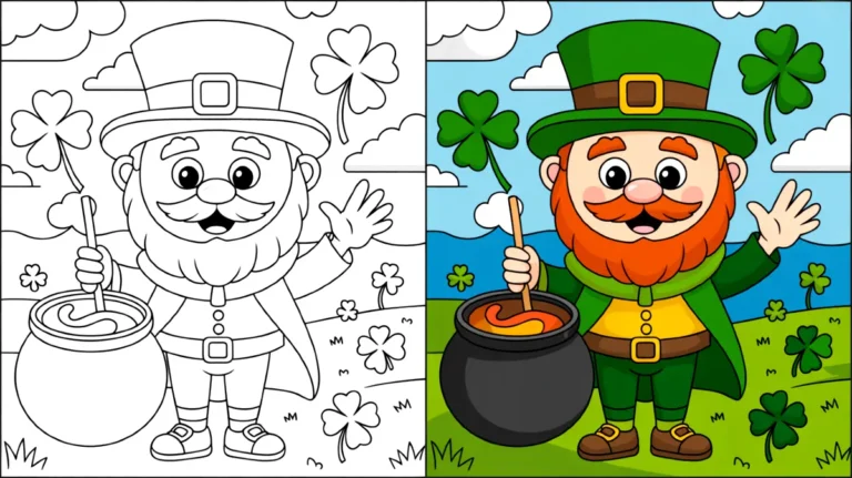 St patrick's day coloring page featuring a leprechaun, pot of gold, and shamrocks