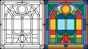 Stained glass coloring page with a two-panel design, one colored, one blank