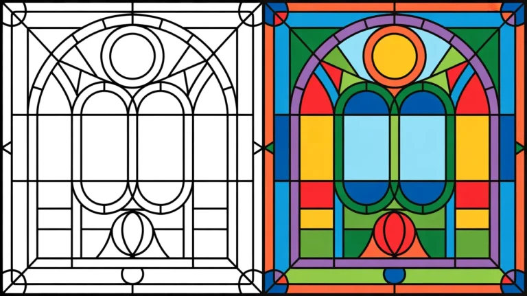 Stained glass coloring page with a two-panel design, one colored, one blank