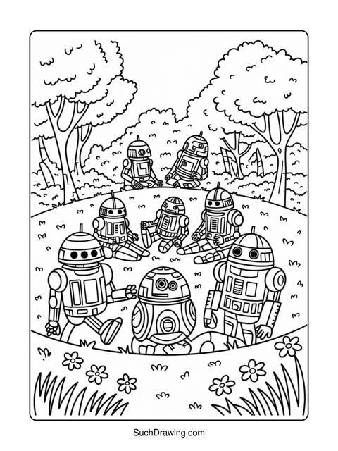 A coloring page featuring several robots in a grassy field with trees