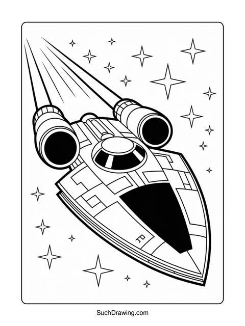 Black and white line art of a spaceship with stars in the background