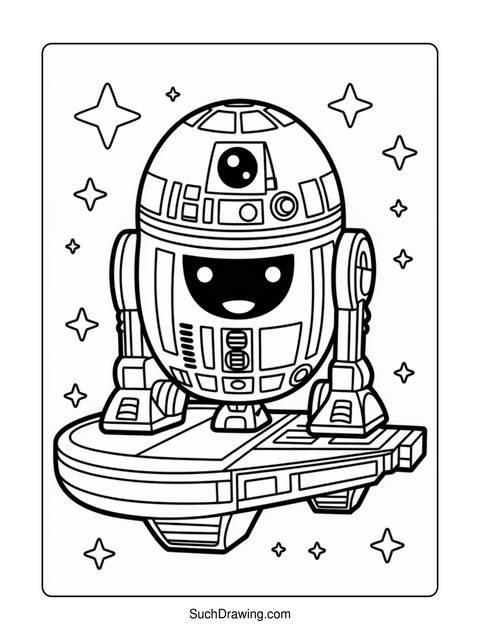 Black and white coloring page of a cute r2-d2 droid with stars