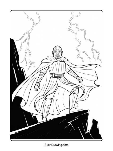 Line art of a robed figure standing on a rocky surface, with lightning