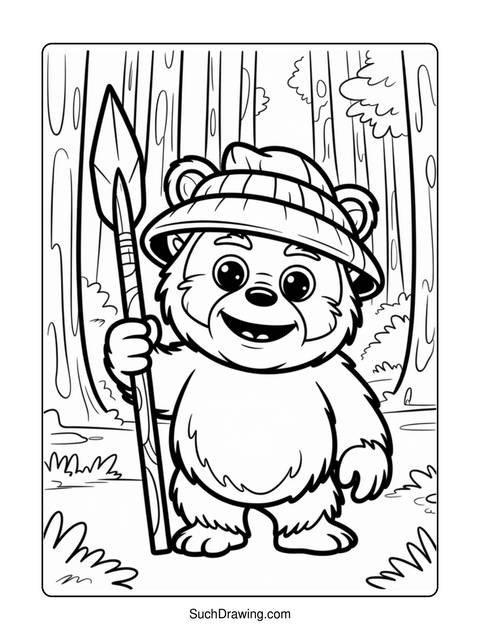 Black and white coloring page of a bear holding a spear in a forest