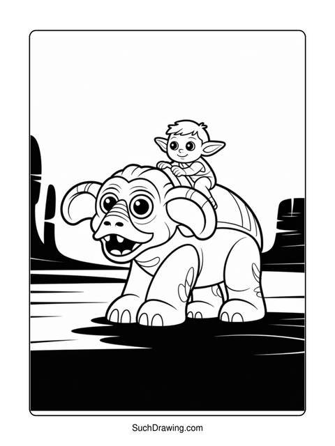 A cartoon character riding a large, friendly-looking creature in a black and white coloring page