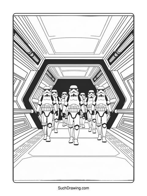 Line art of a group of stormtroopers walking down a corridor