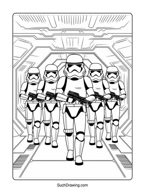 Line drawing of a group of star wars stormtroopers in a hallway
