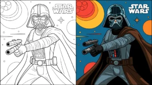 Star wars coloring page depicting darth vader holding two blasters, in color and outline