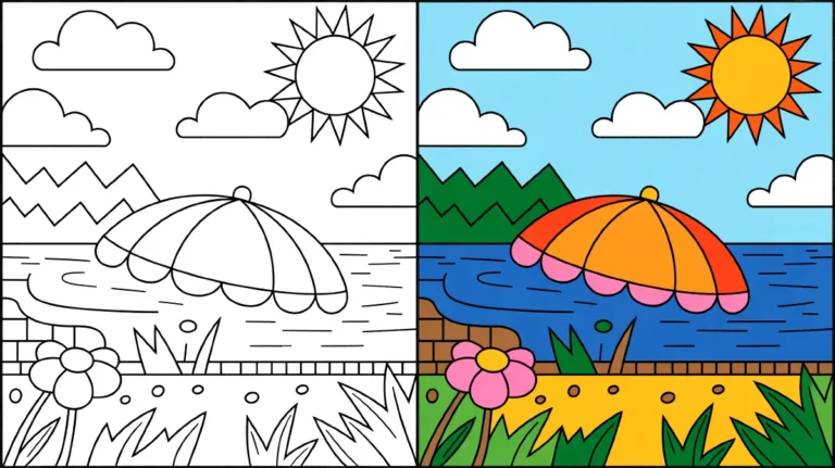 Summer coloring page with a sun, clouds, umbrella, and a beach scene