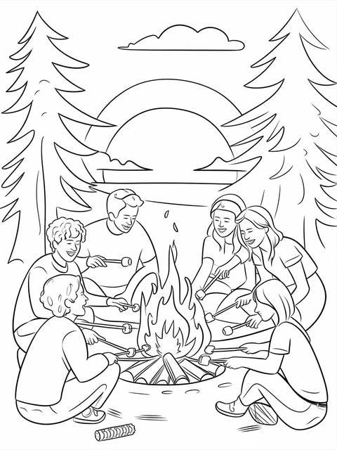 Black and white illustration of friends roasting marshmallows around a campfire at sunset