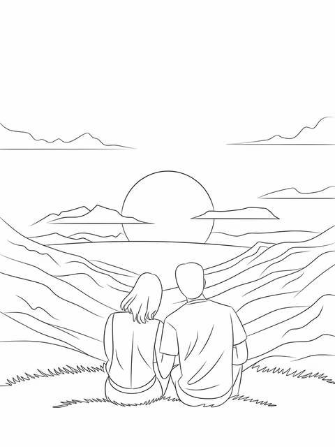 Sunset scene: a couple sitting on a hilltop, watching the sunset together