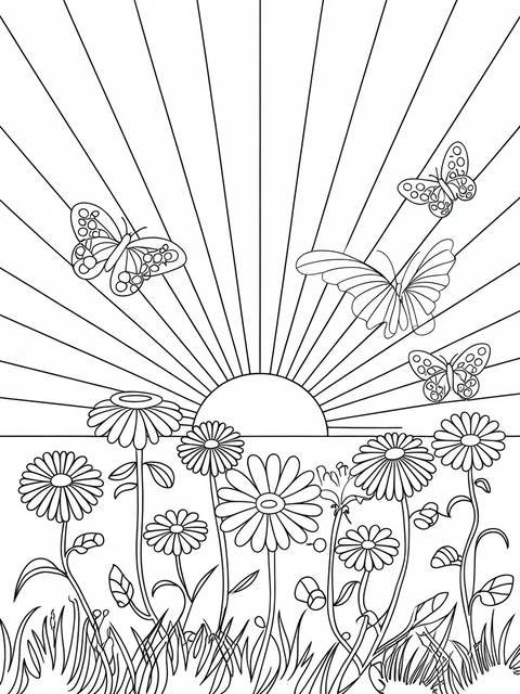 Black and white coloring page of a flower garden silhouetted against the sunset