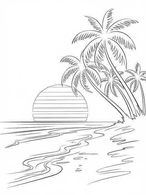 Line drawing of a tranquil beach scene at sunset with palm trees and water