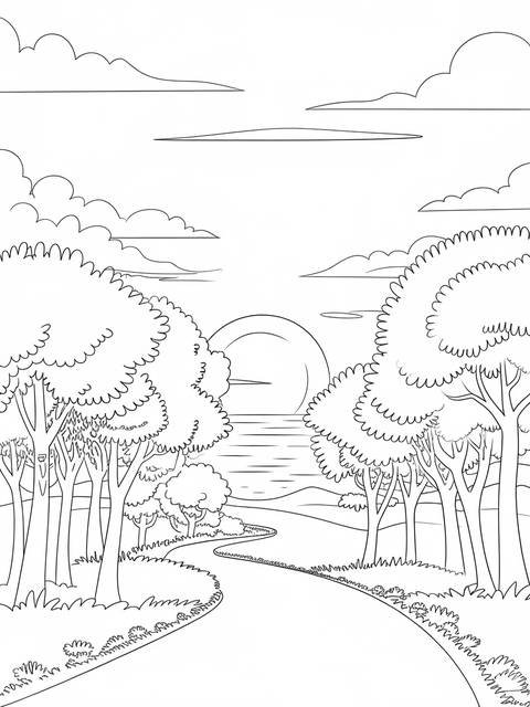 Black and white illustration of a park path at sunset, winding between trees