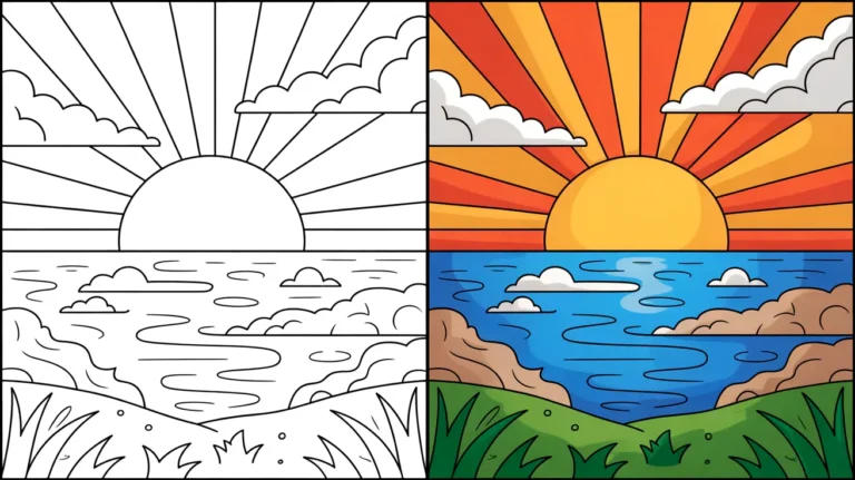 Sunset coloring pages with a two-panel image of a sunset over water