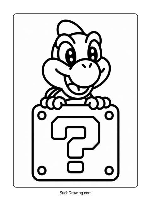 A koopa troopa character smiling and holding a question mark block