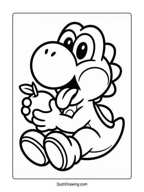 Yoshi, a green dinosaur from super mario, holding an apple in a coloring page