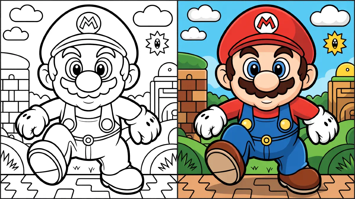 Super mario coloring page showing the iconic video game character in action