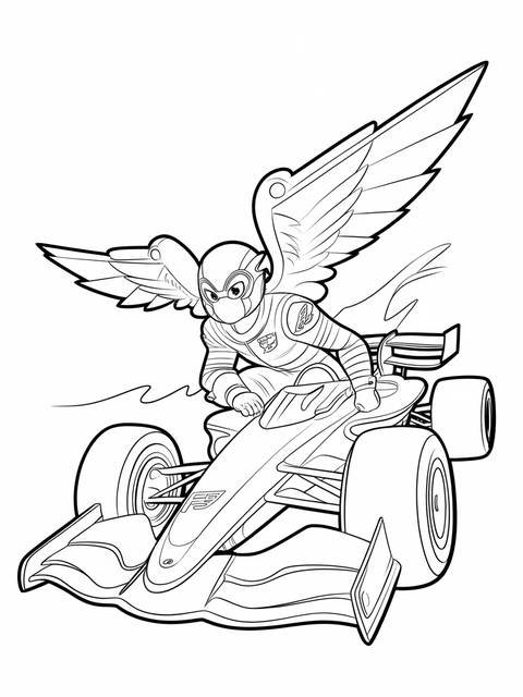 Captain falcon from super smash bros. driving a race car, wings extended