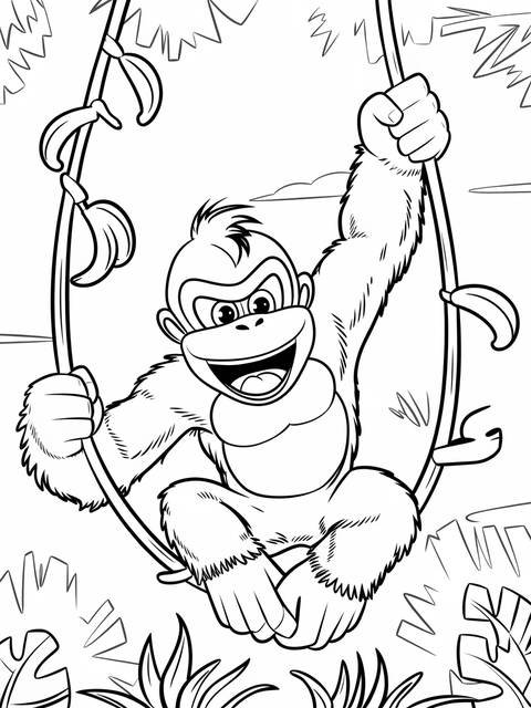 Donkey kong swinging on a vine, a coloring page image from super smash bros