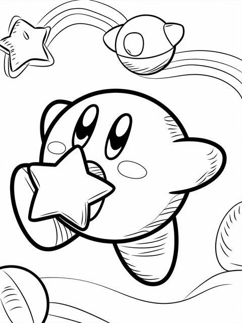 Kirby from super smash bros inhaling a star, a coloring page illustration