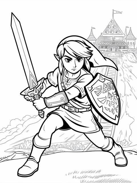 Line art of link from super smash bros, holding sword and shield