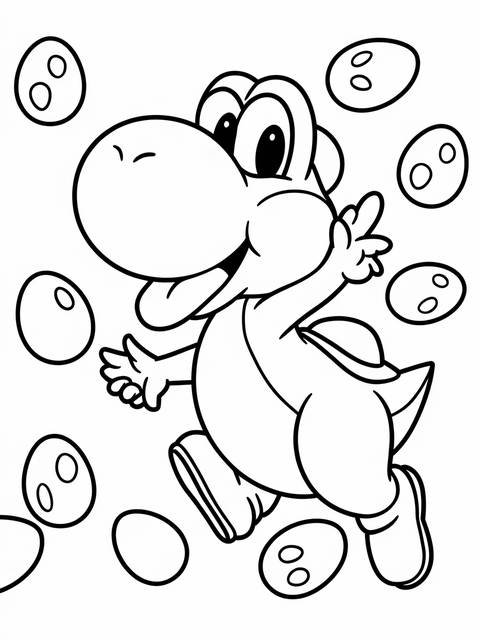 Yoshi from super smash bros, a coloring page with eggs surrounding the character