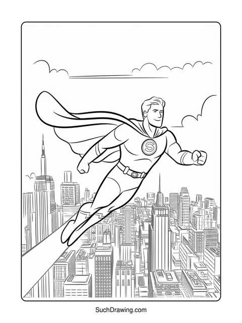 Superhero flying over a city, wearing a cape and a suit with an 's' on it