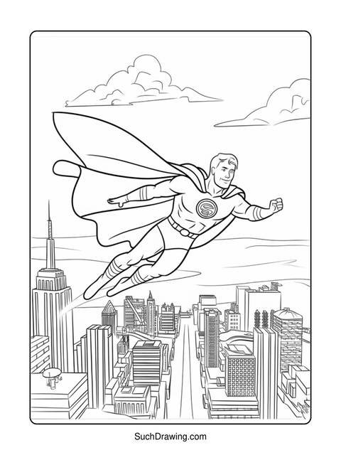 Superman flying over a city, with his cape billowing in the wind