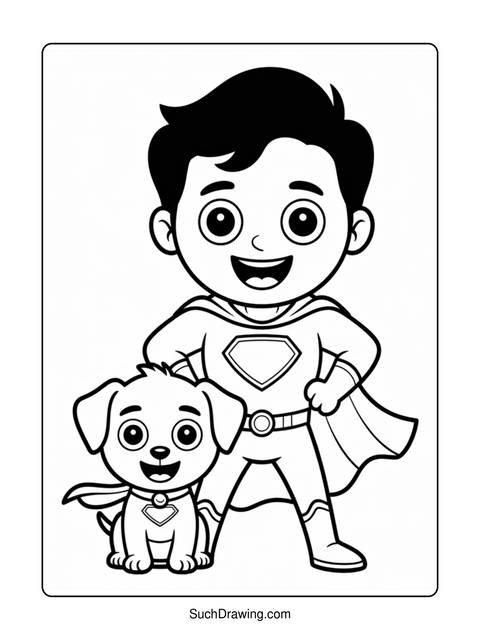 A superhero boy and a puppy, both smiling, ready for adventure
