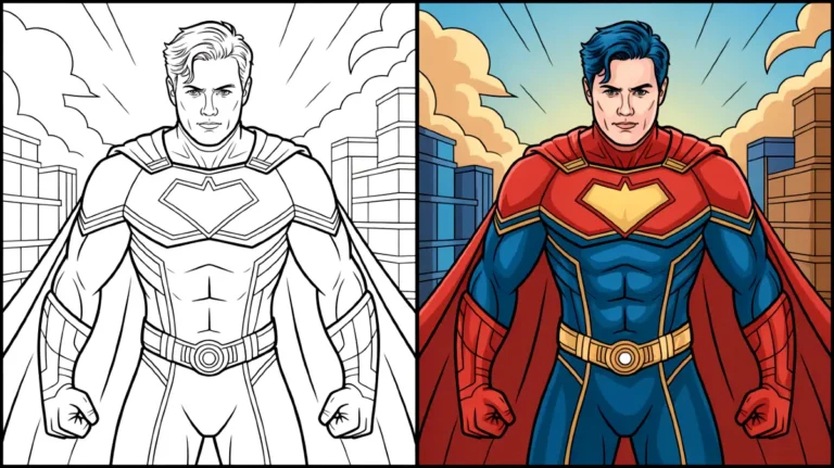 Superhero coloring page featuring a strong superhero with a cape and emblem