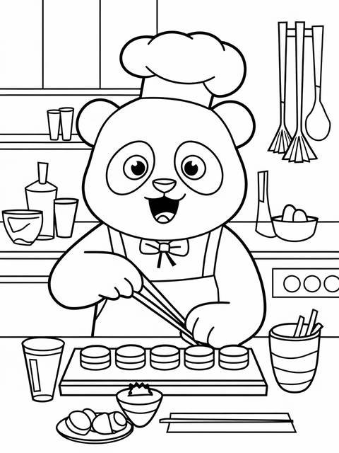 A panda chef preparing sushi, wearing a chef's hat and apron in the kitchen