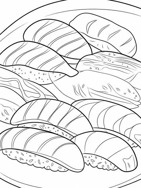 Plate of assorted sushi rolls, a cover image, ready for coloring