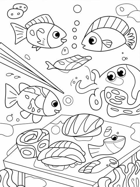 Whimsical underwater scene of sushi and fish, perfect for coloring