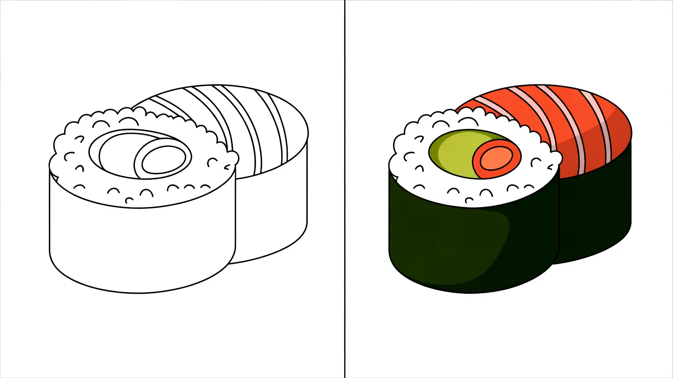 Sushi coloring page: two sushi rolls, one outlined, one colored with salmon