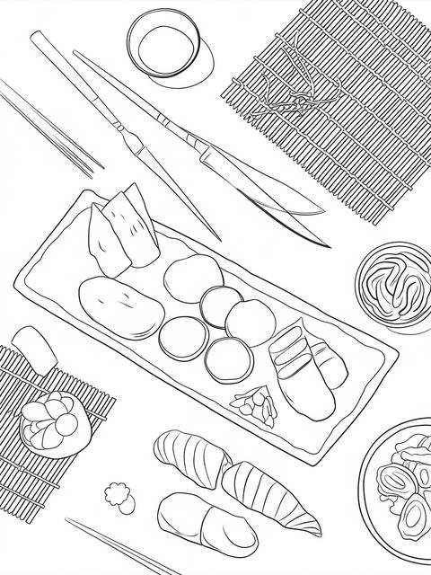Black and white illustration of sushi, utensils, and bamboo mats for sushi making
