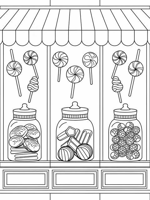 Black and white coloring page of a candy shop facade with jars and lollipops